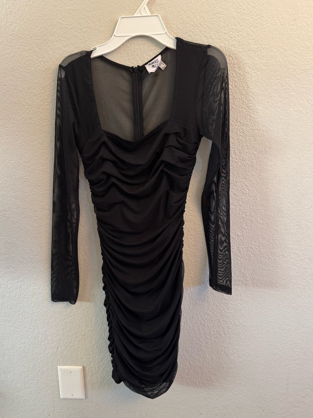 Princess Polly Black Ruched Mesh Long Sleeve Mini Dress - Size 0 (US)